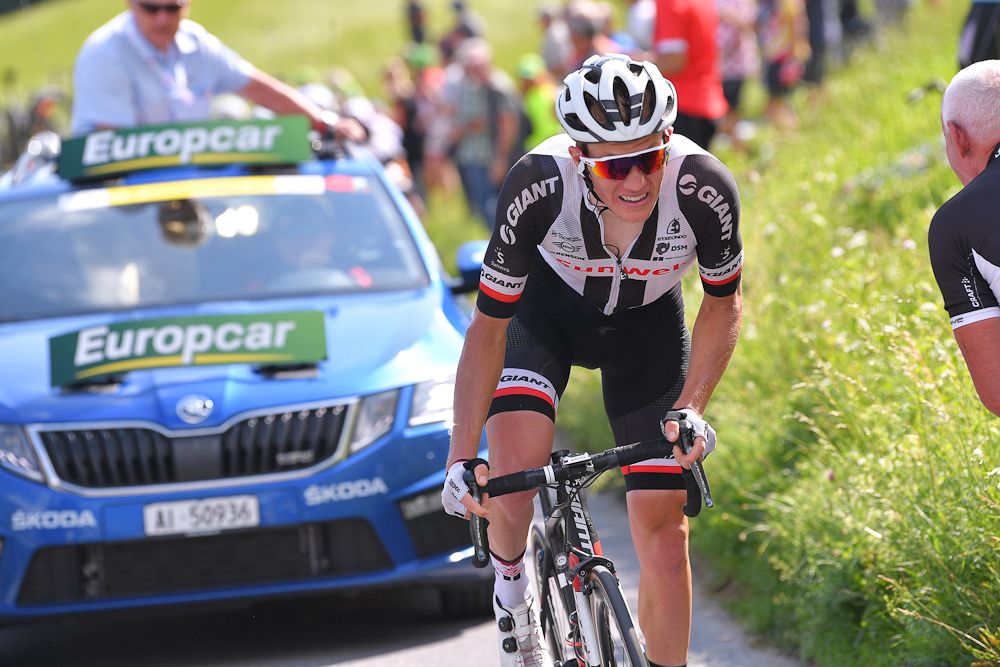 Soren Kragh Andersen (Team Sunweb) rides alone near the end of stage 6 at Tour de Suisse