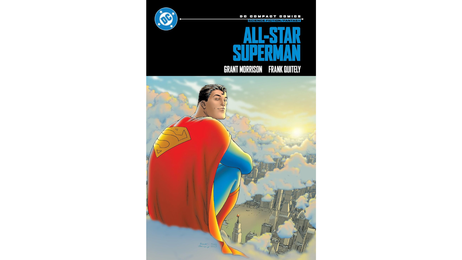 Superman sitting on a cloud and looking over his shoulder on the cover of the All-Star Superman comic.