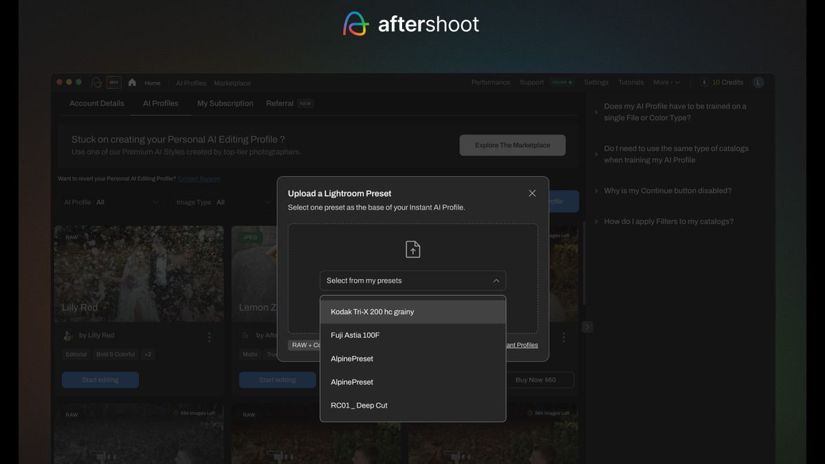 Aftershoot screenshot showing how to create an Instant AI Profile