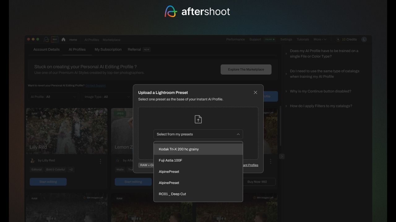 Aftershoot screenshot showing how to create an Instant AI Profile