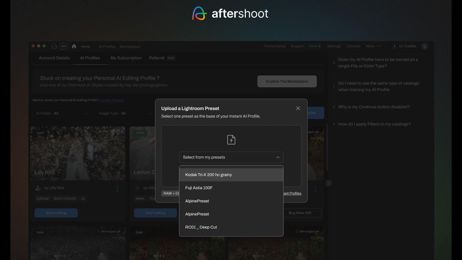 Aftershoot screenshot showing how to create an Instant AI Profile