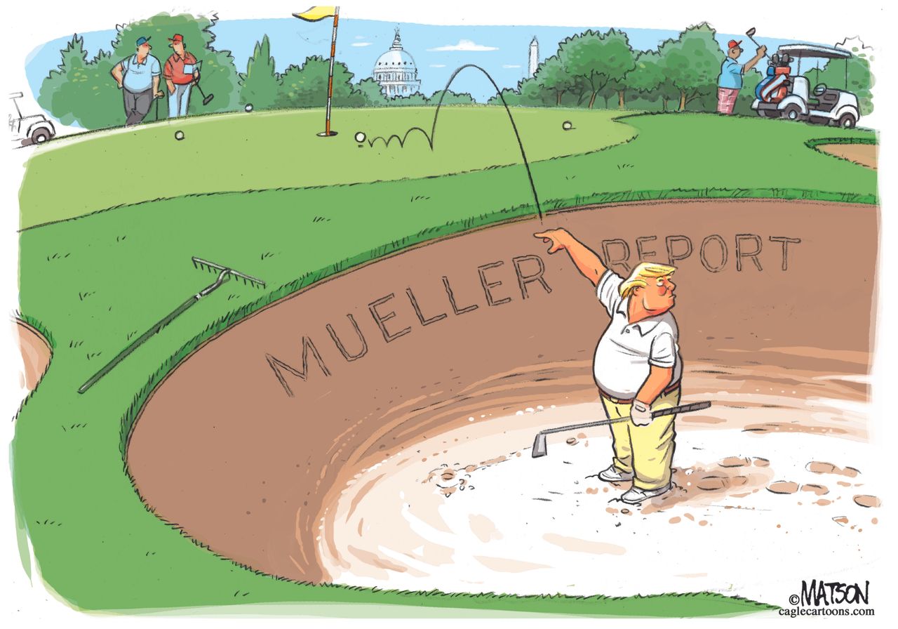 Political Cartoon U.S. Trump Mueller Report Bill Barr golf no collusion