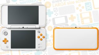 The New Nintendo 2DS XL in white/orange.