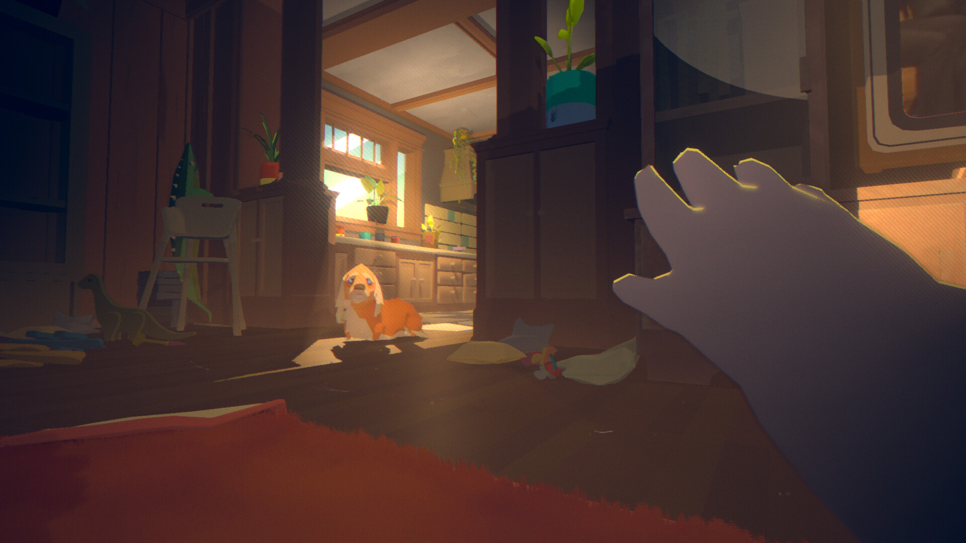 Goodnight Universe screenshot showing a first-person perspective from the protagonist psychic baby as they reach out towards a dog