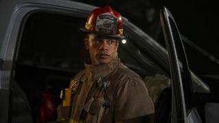 Jordan Calloway as Jake Crawford in firefighting gear in Fire Country season 2