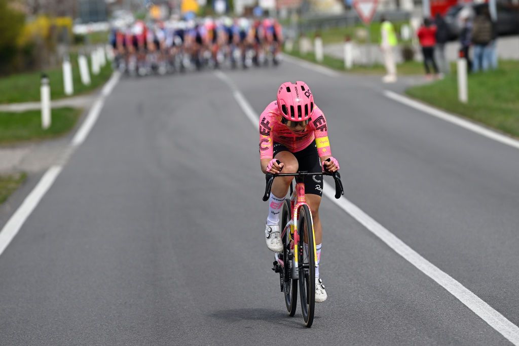 CITTIGLIO ITALY MARCH 17 Clara Emond of Canada and Team EF EducationCannondale attacks during the 25th Trofeo Alfredo BindaComune di Cittiglio 2024 Womens Elite a 1405km one day race from Maccagno con Pino e Veddasca to Cittiglio UCIWWT on March 17 2024 in Cittiglio Italy Photo by Dario BelingheriGetty Images