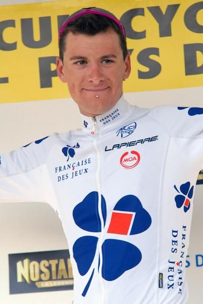 Anthony Roux (Fran&ccedil;aise des Jeux) on the podium to receive the best young rider jersey.