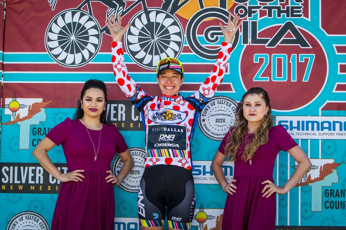 Melinda McCuthceon (Visit Dallas) takes over the climbers jersey after stage 3.
