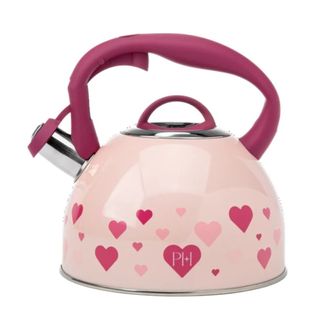 A pink electric kettle with hearts on it