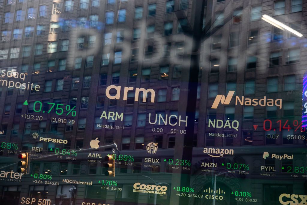 Arm Holdings signage at Nasdaq during chipmaker&#039;s IPO