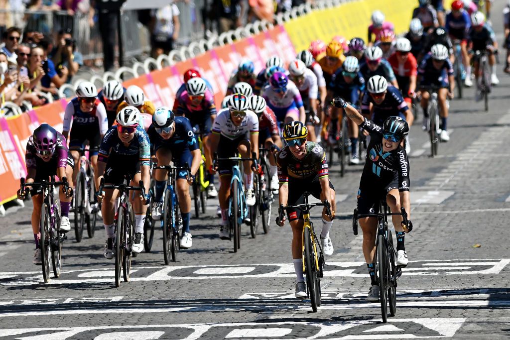 PARIS FRANCE JULY 24 Lorena Wiebes of Netherlands and Team DSM Women celebrates at finish line as stage winner ahead of Marianne Vos of Netherlands and Jumbo Visma Women Team Lotte Kopecky of Belgium and Team SD Worx and Rachele Barbieri of Italy and Team Liv Racing Xstra during the 1st Tour de France Femmes 2022 Stage 1 a 817km stage from Paris Tour Eiffel to Paris Champslyses TDFF UCIWWT on July 24 2022 in Paris France Photo by Dario BelingheriGetty Images
