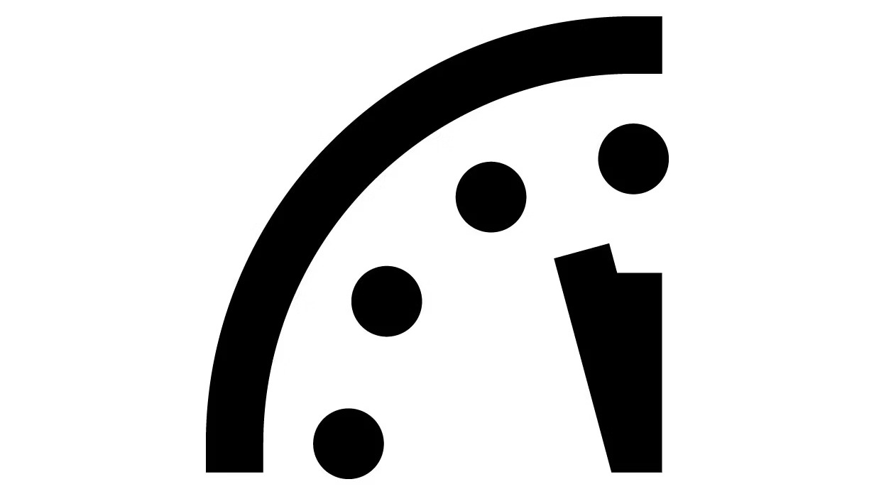 A high-contrast black-and-white graphic of the Doomsday Clock's upper-left quadrant, showing the final minutes leading to midnight.