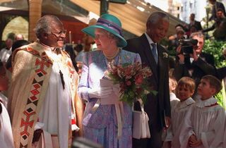 The Queen With Archbishop Desmond Tutu And President Nelson Mandela In South Africa.