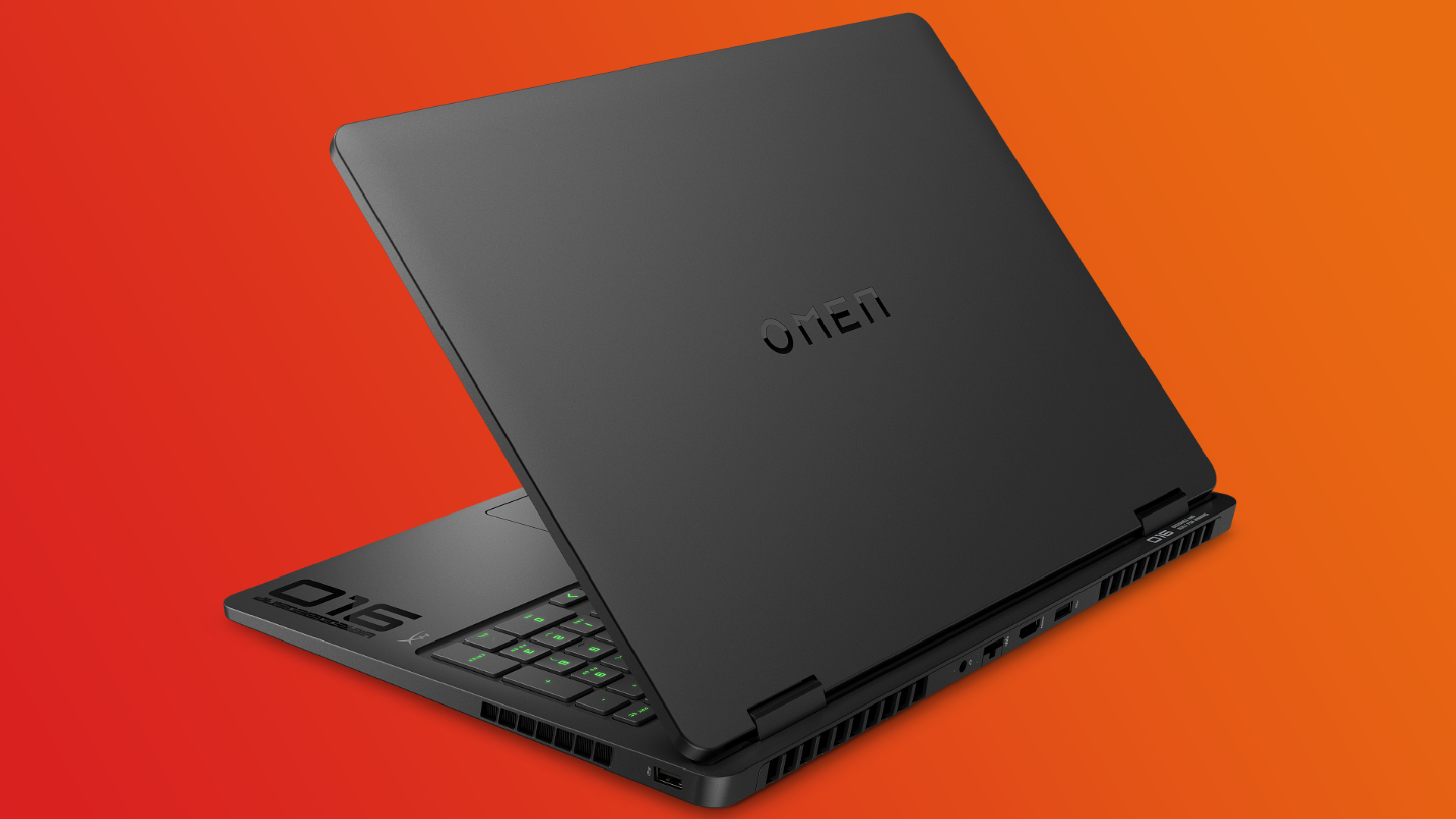 An HP Omen 16 gaming laptop on an orange and red gradient background