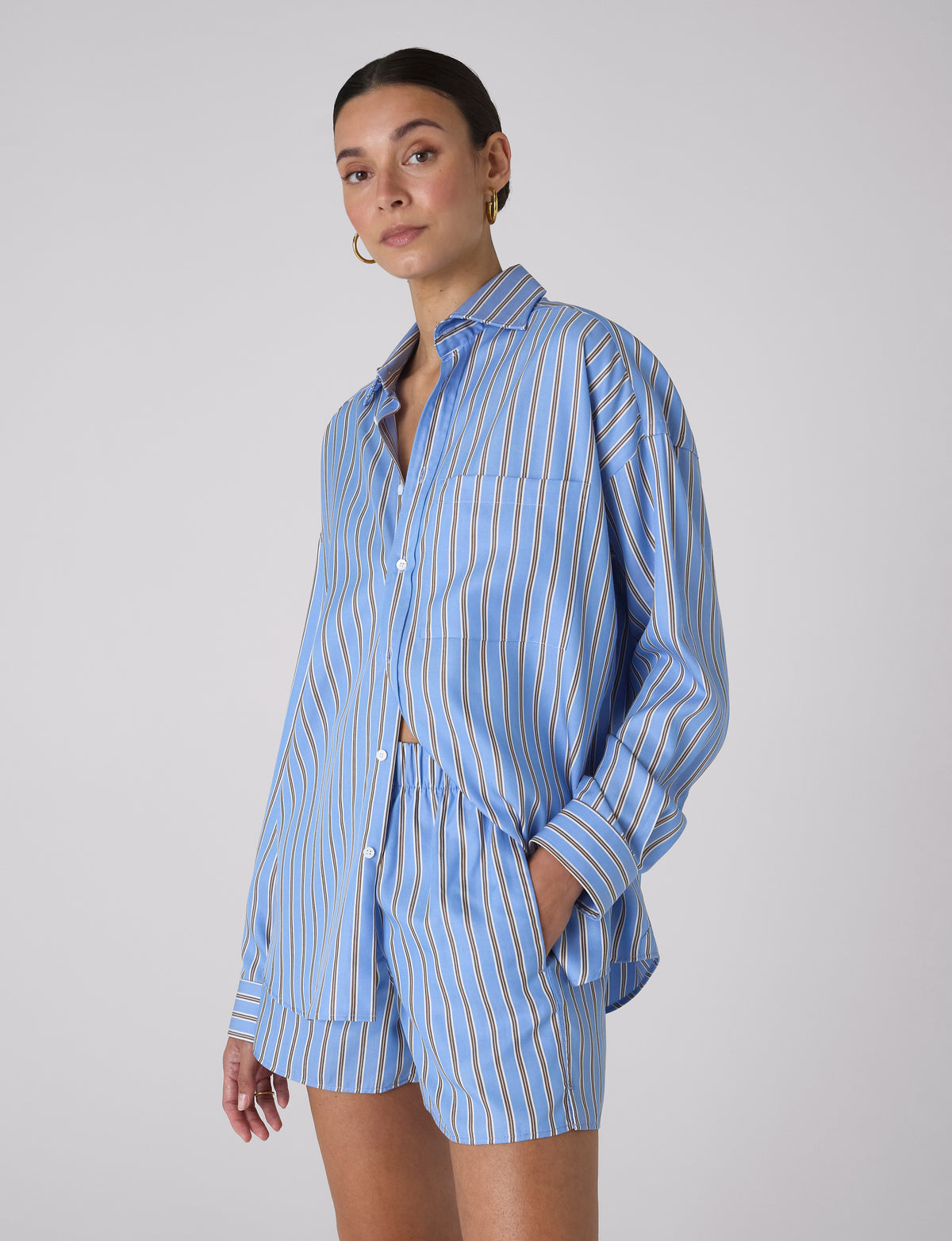 The Set: Tencel&amp;trade; Lyocell Cornflower Mocha Stripe Shirt &amp;amp; Boxer