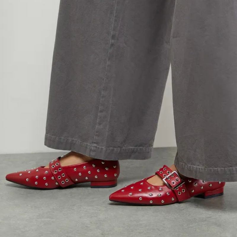 red, studded ballet flats