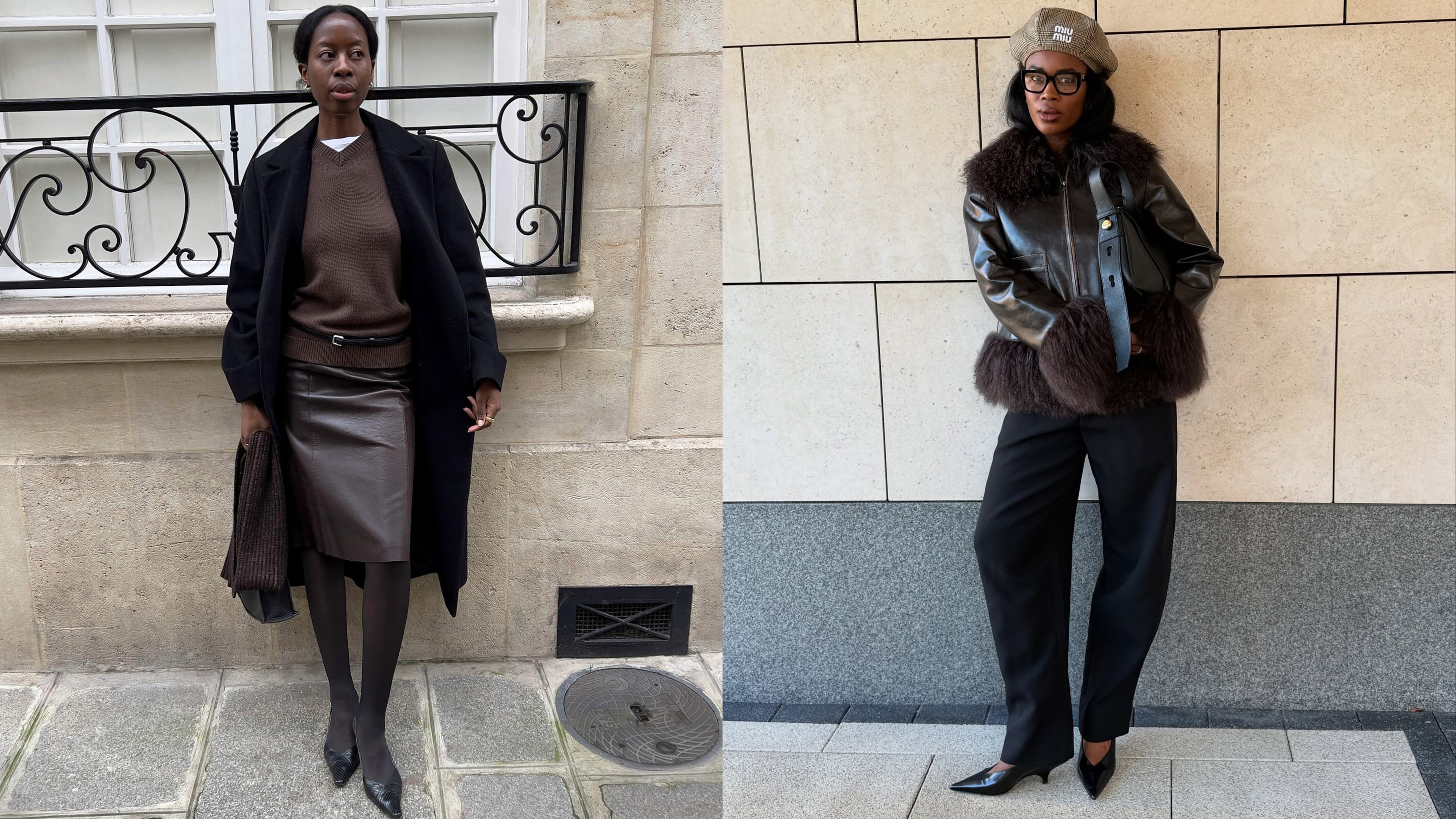 A collage of two people wearing winter outfits with heeled shoe trends of 2025.