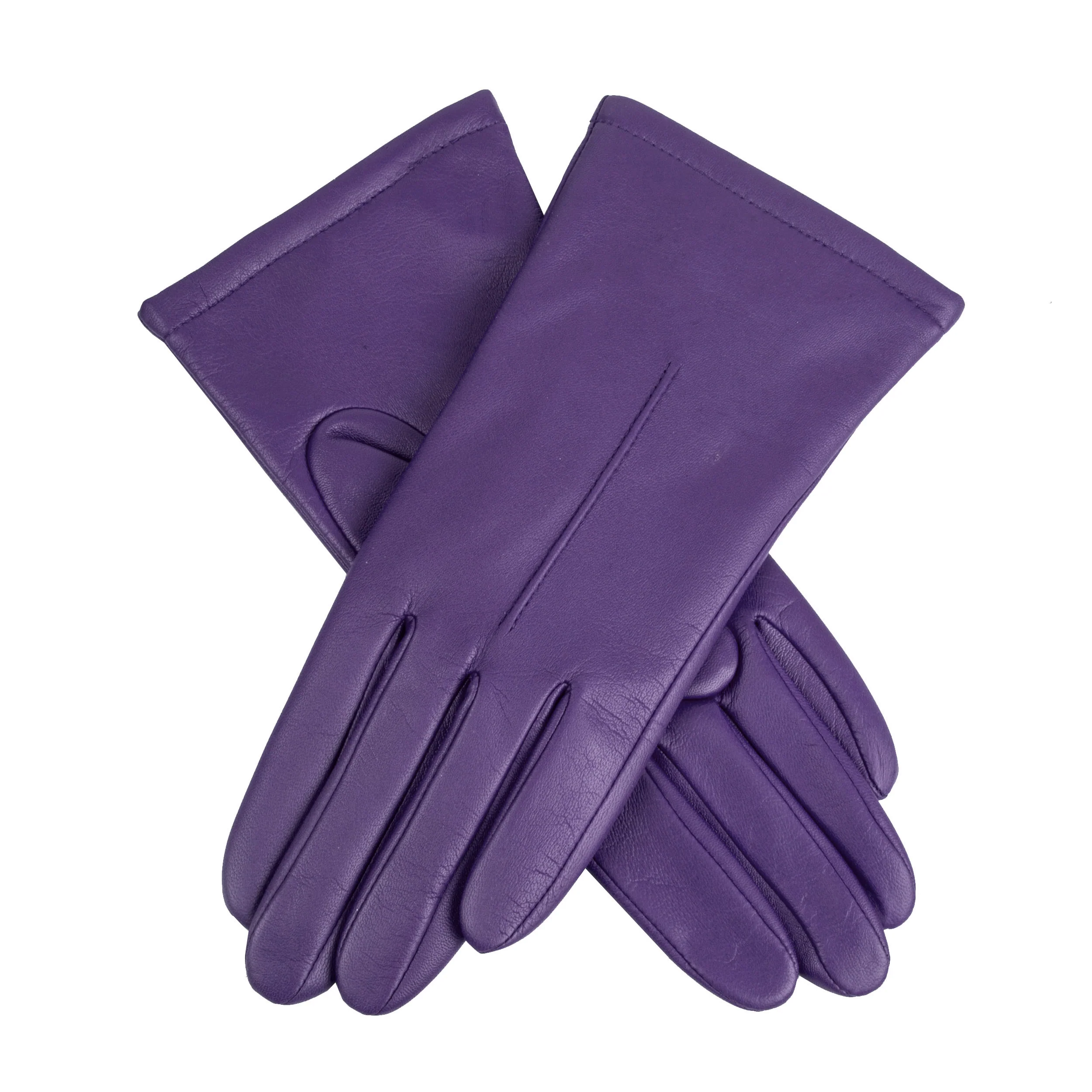 A pair of purple leather Dent's gloves.