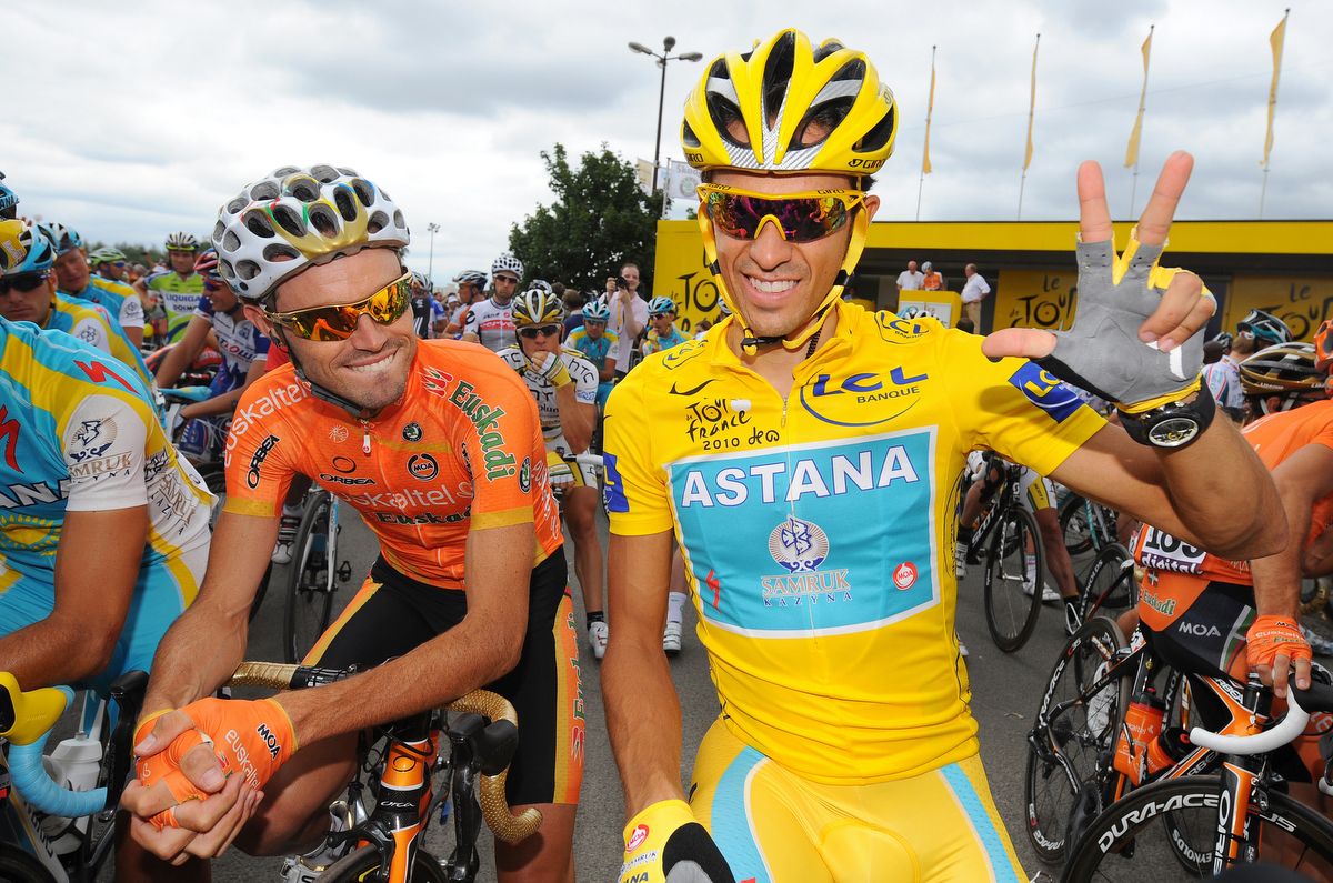 Alberto Contador celebrating the 2010 Tour. A race he would also be stripped of
