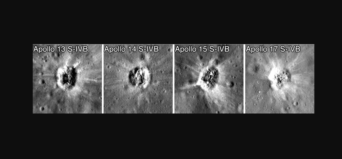 The lunar craters formed by impacts from the third stage of NASA's Saturn V rocket range from 115 feet to 131 feet wide (35 to 40 meters).