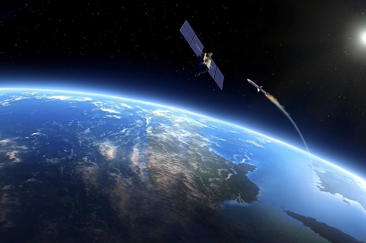 An illustration depicting space warfare. A missile, launched from a ground station, is seen approaching a satellite in orbit above the Earth.