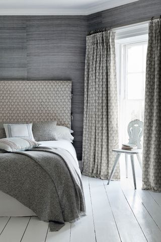 Zen bedroom with grey silk wallcovering by James Hare