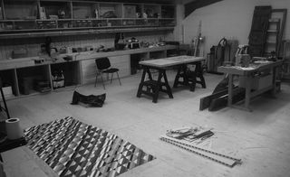 black and white image of a workshop