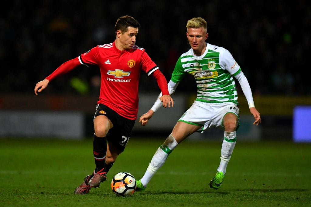Ander Herrera of Manchester United and Sam Surridge of Yeovil Town during The Emirates FA Cup Fourth Round match between Yeovil Town and Manchester United at Huish Park on January 26, 2018 in Yeovil, England