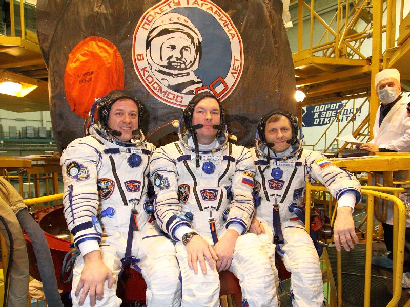 At the Baikonur Cosmodrome in Kazakhstan, NASA astronaut Ron Garan (left), Expedition 27 flight engineer; along with Russian cosmonauts Alexander Samokutyaev (center), Soyuz commander; and Andrey Borisenko, flight engineer, pose for pictures outside their