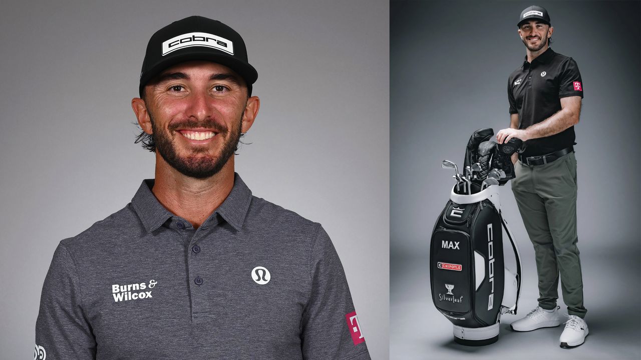 Max Homa posing for a PGA Tour headshot and with his new Cobra golf bag