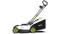 The Gtech CLM50 cordless lawn mower shown side on on a white background