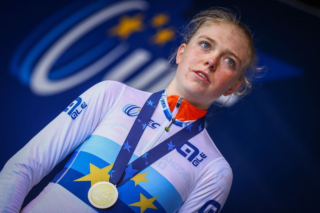 Dutch Fem Van Empel winner of the gold medal celebrates on the podium of the women elite race at the European Championships cyclocross cycling Saturday 05 November 2022 in Namur Belgium BELGA PHOTO DAVID PINTENS Photo by DAVID PINTENS BELGA MAG Belga via AFP Photo by DAVID PINTENSBELGA MAGAFP via Getty Images