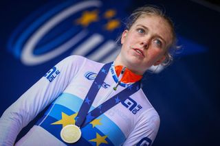 Dutch Fem Van Empel winner of the gold medal celebrates on the podium of the women elite race at the European Championships cyclocross cycling Saturday 05 November 2022 in Namur Belgium BELGA PHOTO DAVID PINTENS Photo by DAVID PINTENS BELGA MAG Belga via AFP Photo by DAVID PINTENSBELGA MAGAFP via Getty Images