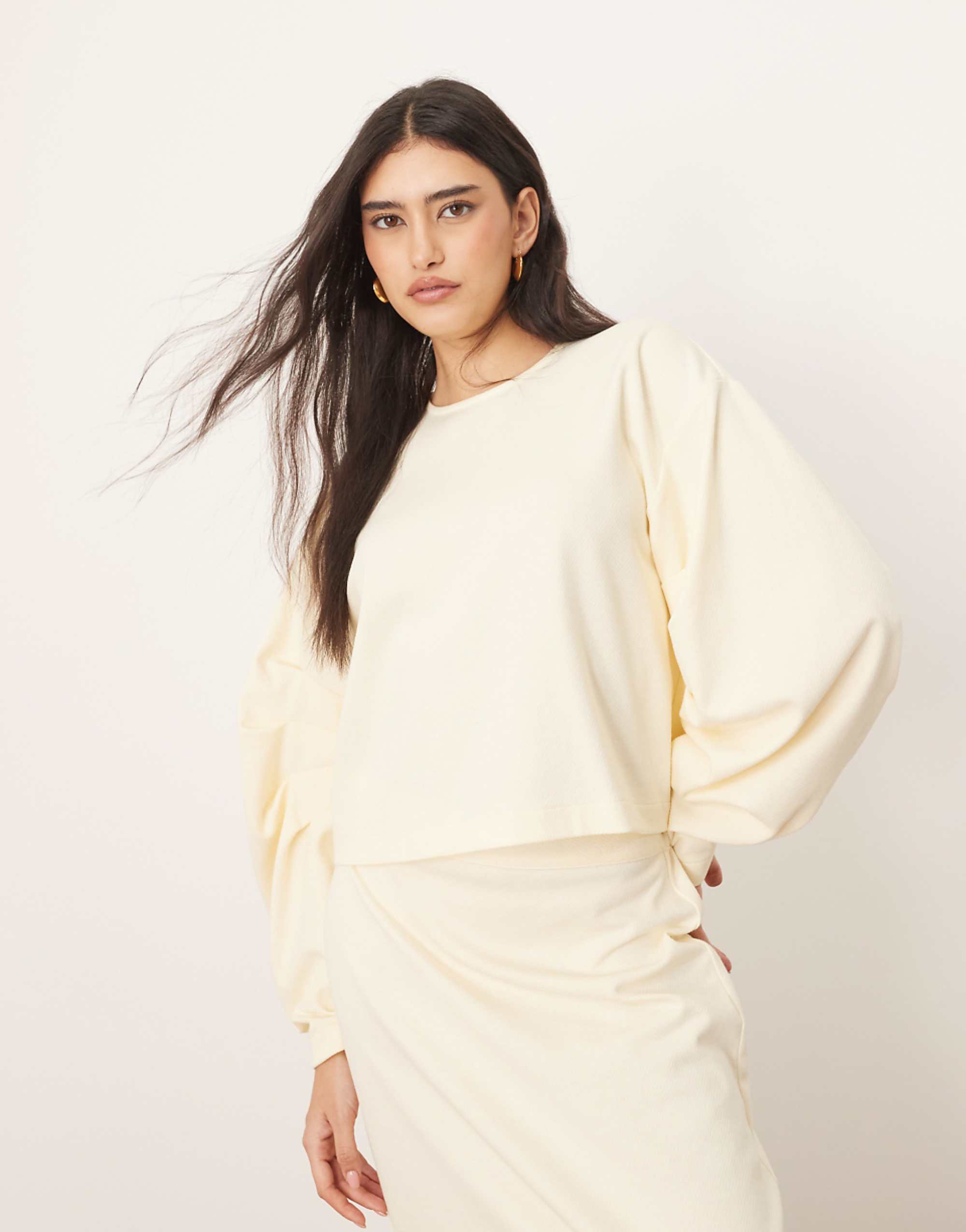 Arrange Textured Jersey Boxy Top Co-Ord With Pleat Sleeve Detail in Buttermilk