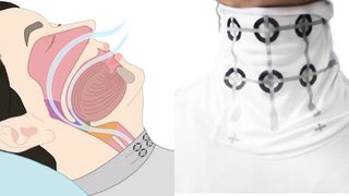 A diagram demonstrating how the airways in the nose and throat perform during sleep (left) and a close up of the sensors in the collar of the pajamas, worn around a person's neck (right)