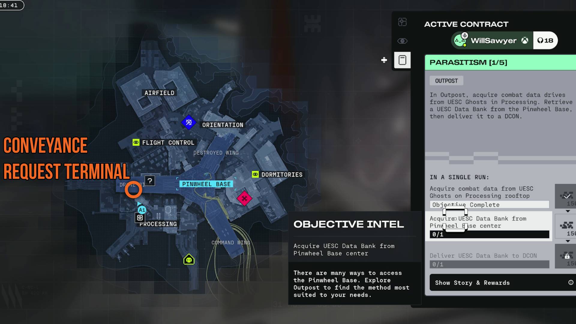 Marathon outpost pinwheel base map showing terminal for conveyance requests near drone wing