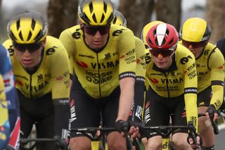 Team Visma-Lease a Bike's Danish rider Jonas Vingegaard (2ndR) and his teammates cycle during the 2nd stage of the Paris-Nice cycling race, 183,9 km between Montesson and Bellegarde, on March 10, 2025. (Photo by Anne-Christine POUJOULAT / AFP)