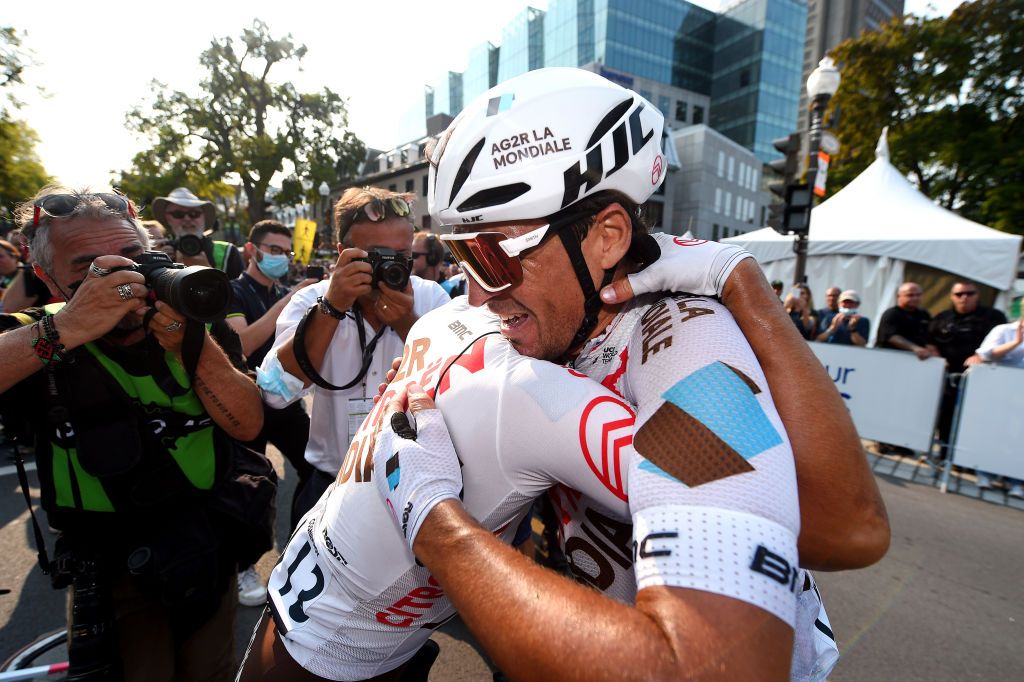 QUEBEC CITY QUEBEC SEPTEMBER 09 LR Benoit Cosnefroy of France and Ag2R Citroen Team celebrates the victory of his teammate Greg Van Avermaet of Belgium and Ag2R Citroen Team during the 11th Grand Prix Cycliste de Qubec 2022 a 2016km one day race from Quebec to Quebec GPCQM on September 09 2022 in Quebec City Quebec Photo by Dario BelingheriGetty Images