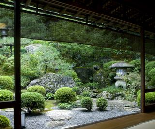 Japanese zen garden seen from inside a home