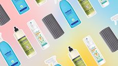 A selection of the best cleaning supplies on rainbow pastel background