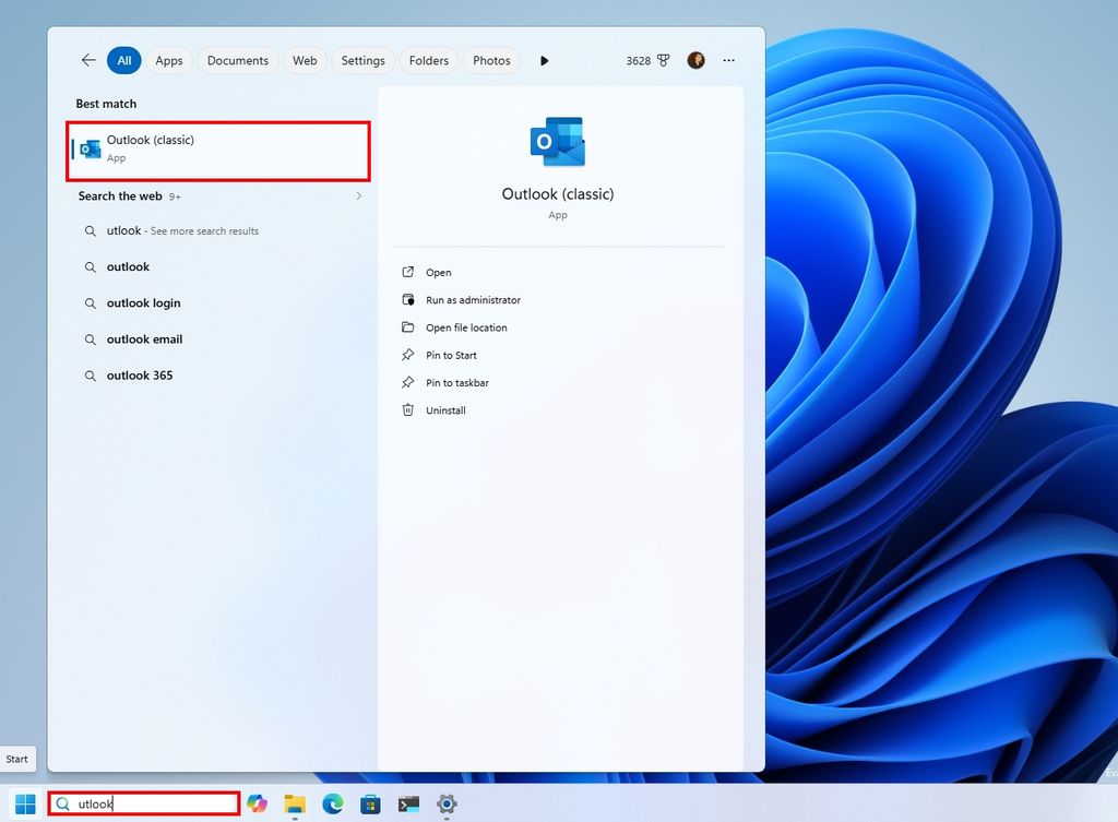 Windows 11 desktop with search interface opened with search results after typing a query with typo.