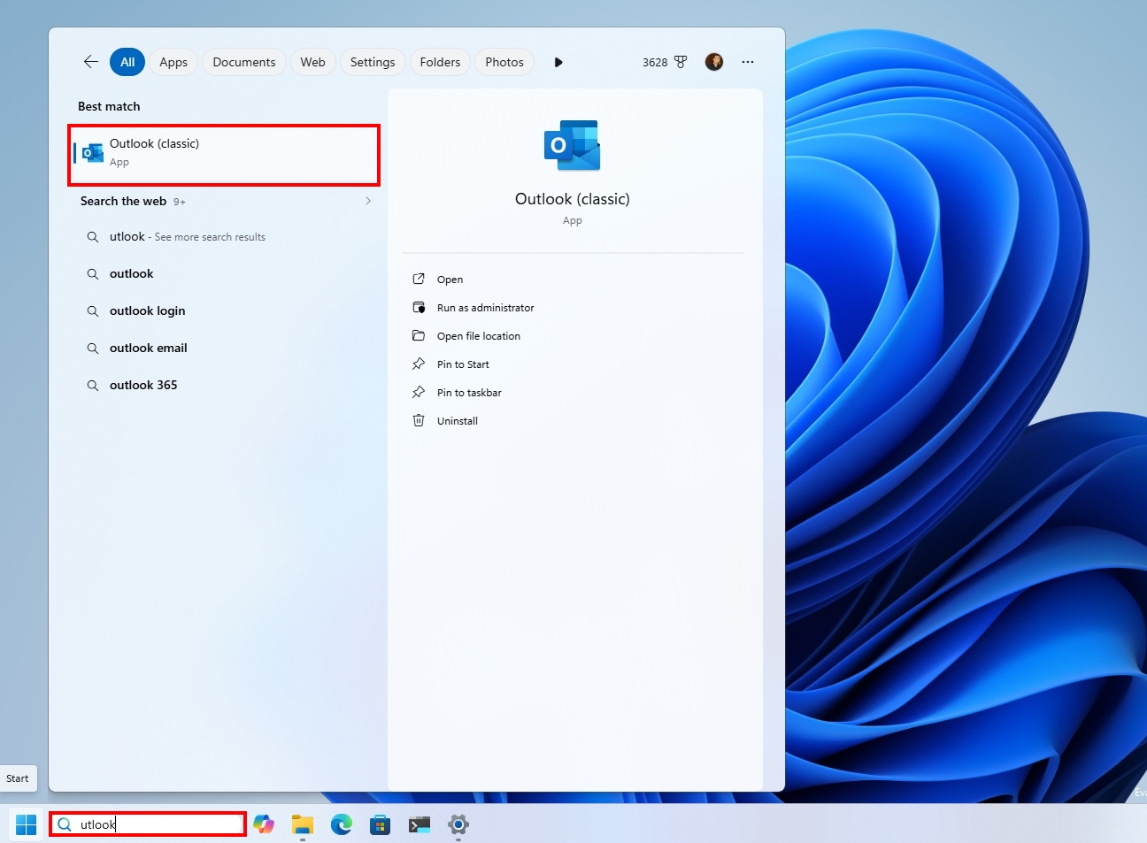 Windows 11 desktop with search interface opened with search results after typing a query with typo.
