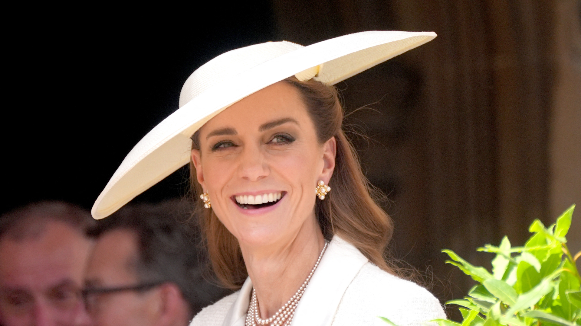 Kate Middleton wearing a white dress and white hat at 2025 Order of the Garter Service