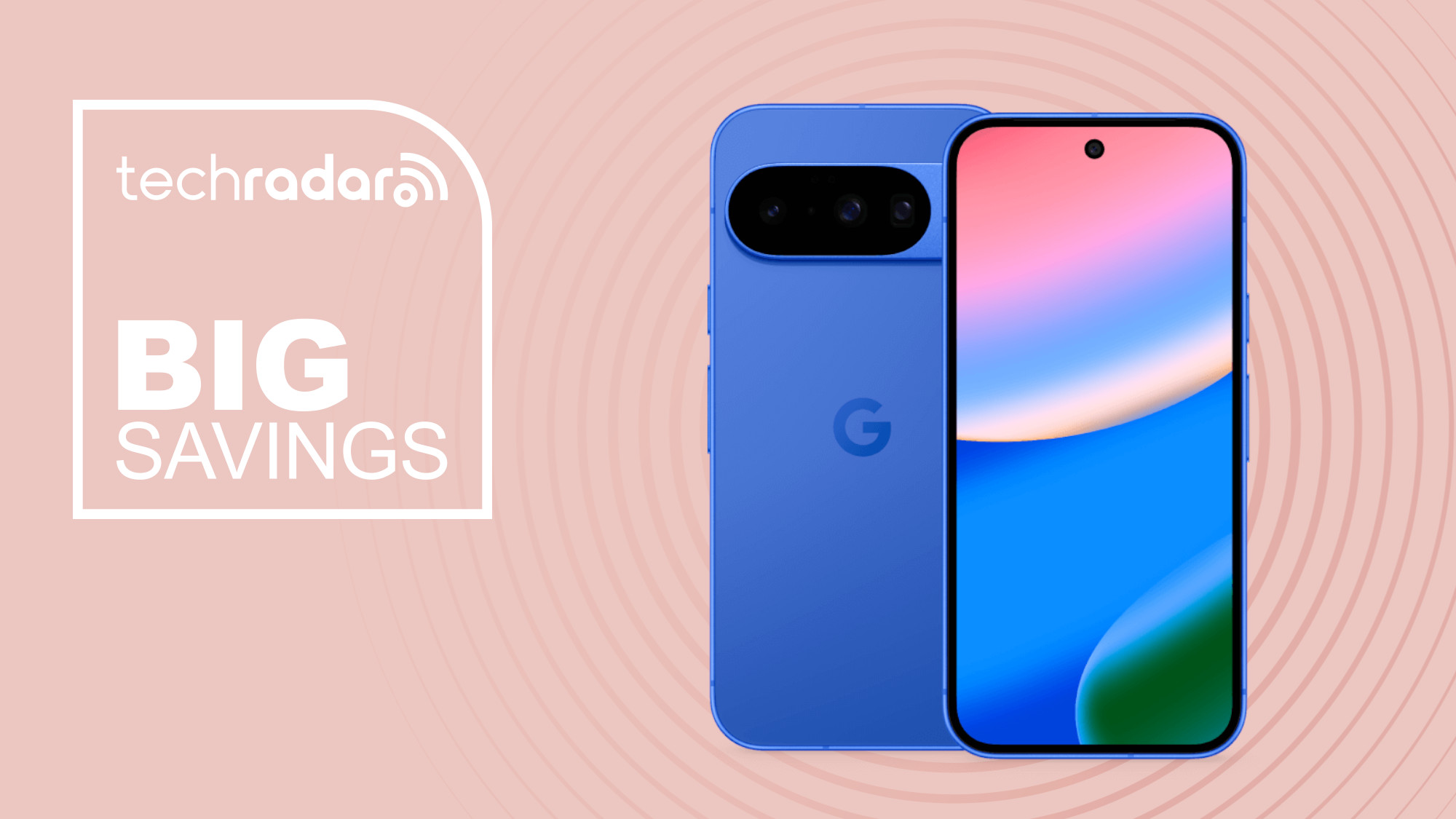 Google Pixel 10 on pink background with big savings text overlay