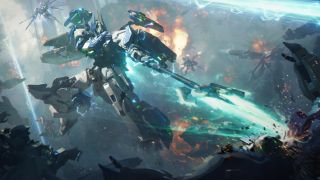Mecha Break release times: Art of a large mech leaping into the air as it jabs a glowing spear into a mech on the ground.