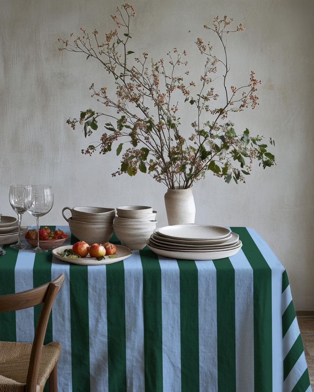 Green and pale blue Striped Tablecloth.