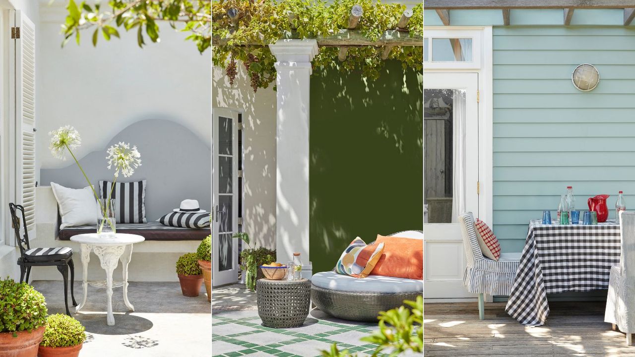 outdoor seating area, green exterior wall, light blue wood clad exterior wall with outdoor dining table