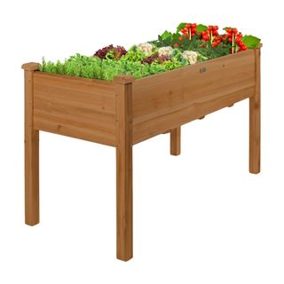 Raised garden bed, rectangular, made from wood with greenery and red flowers inside