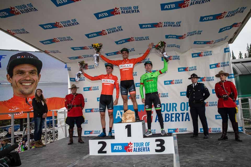 Evan Huffman (Rally Cycling) in first place, Sepp Kuss (Rally Cycling) in second and Tom-Jelte Slagter (Cannondale-Drapac) in third place on stage 1 of the Tour of Alberta.