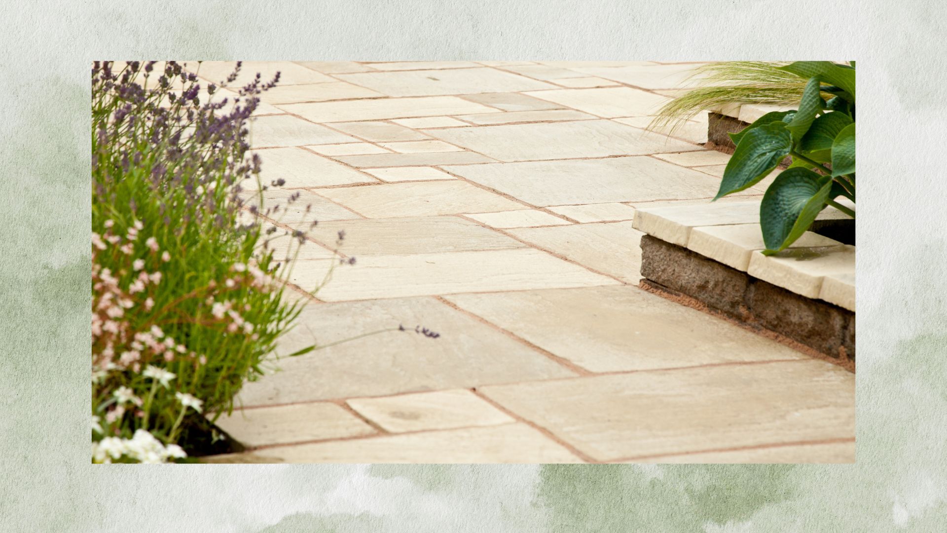 picture of light patio slabs in a garden with plants around it 